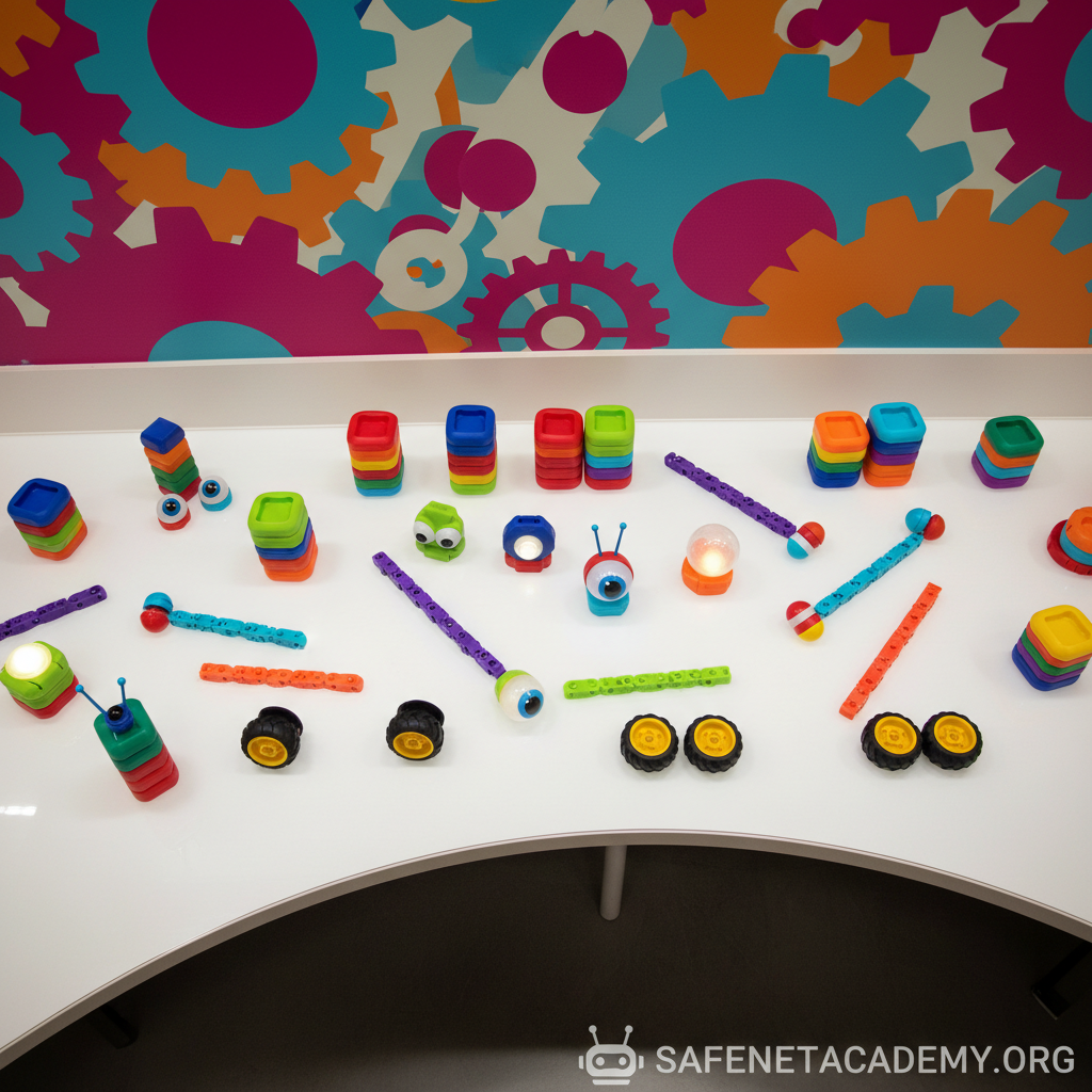 A collection of multi-colored VEX IQ robotic components—rounded blocks, rubberized wheels, flexible arms, and whimsical sensors—neatly arranged atop a bright, curved workstation surface. The workspace is set against a cheerful, saturated mural depicting abstract gears and robotic arms in bold colors. Soft, diffuse artificial lighting ensures every piece glows with vivid intensity, casting gentle, rounded-edged shadows for a 3D effect. The mood is inspiring and energetic, captured from a bird’s eye view with sharp focus to highlight variety and form. The visual style is photographic, bursting with playful color and curved forms, perfectly illustrating the hands-on, creative atmosphere of Safenetacademy.org’s robotics camp.