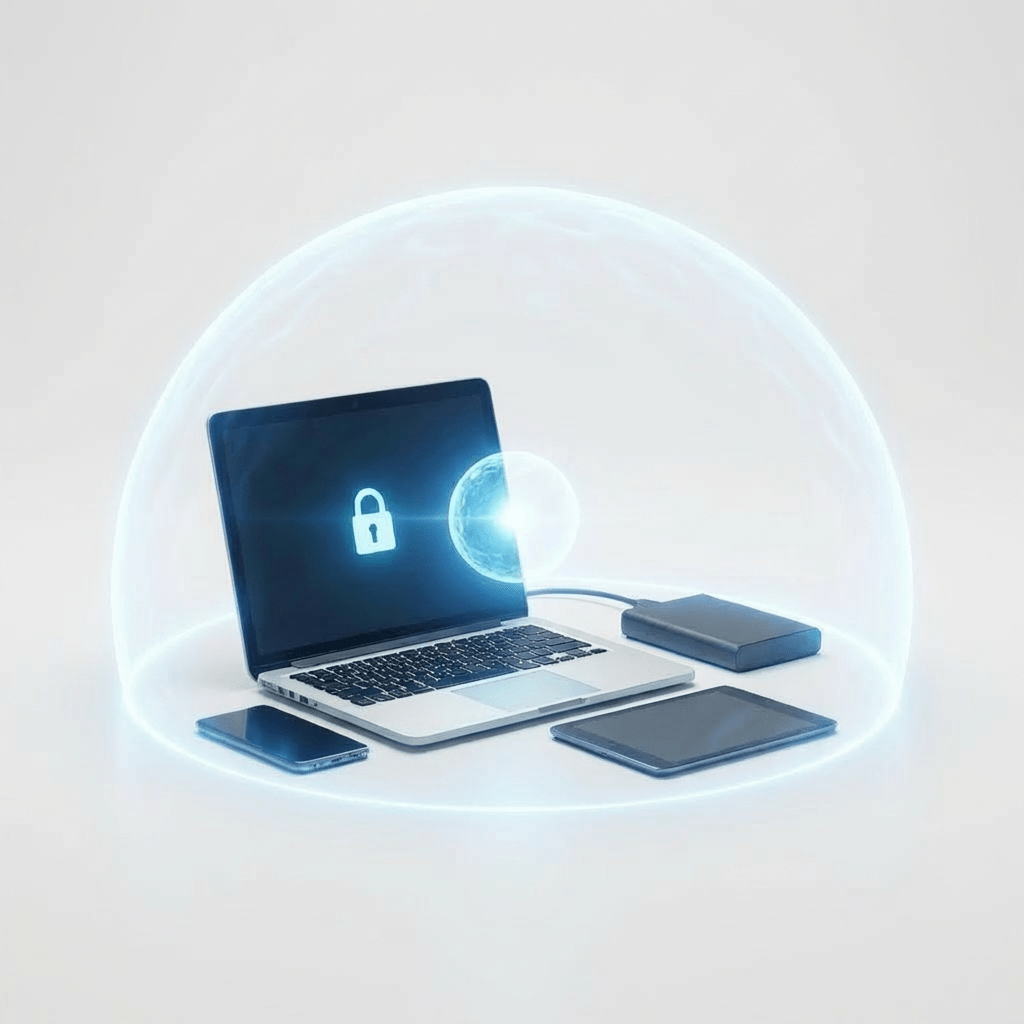 Current image: A glowing blue energy dome protects various electronic devices from dark, wispy smoke-like figures.