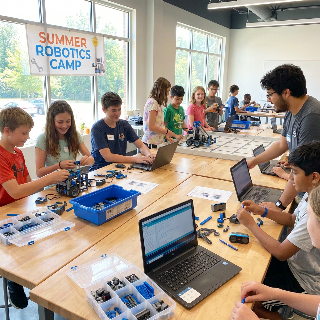 Students work with laptops and robot parts under a sign reading SUMMER ROBOTICS CAMP.